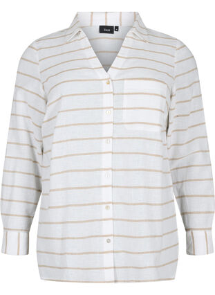 Skjortebluse med knappelukking i bomull-lin-blanding, White Taupe Stripe, Packshot image number 0