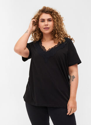 T-skjorte i bomull med V-hals og blonder, Black, Model image number 0