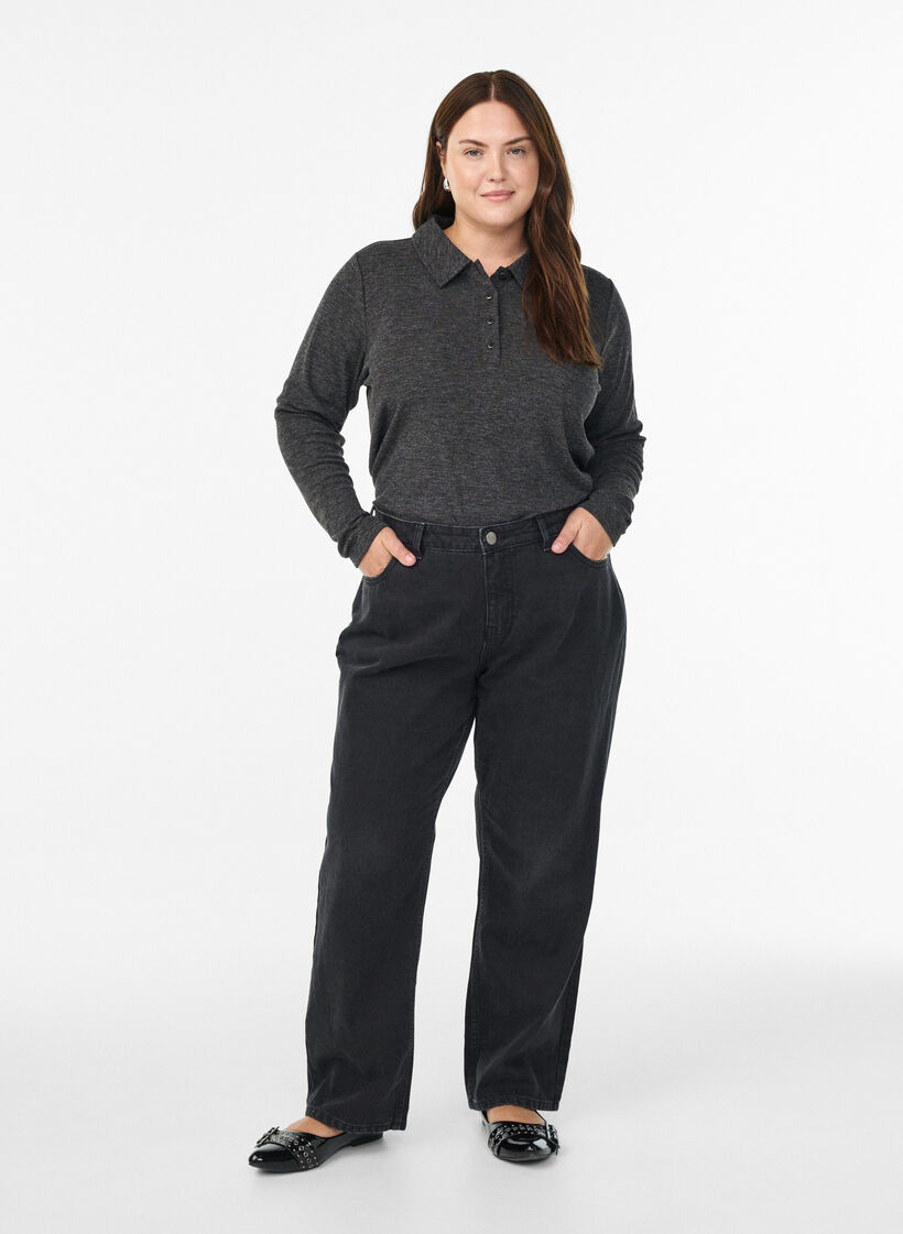 Langermet poloskjorte i elastisk, ribbet kvalitet, Grå, Model image number 1