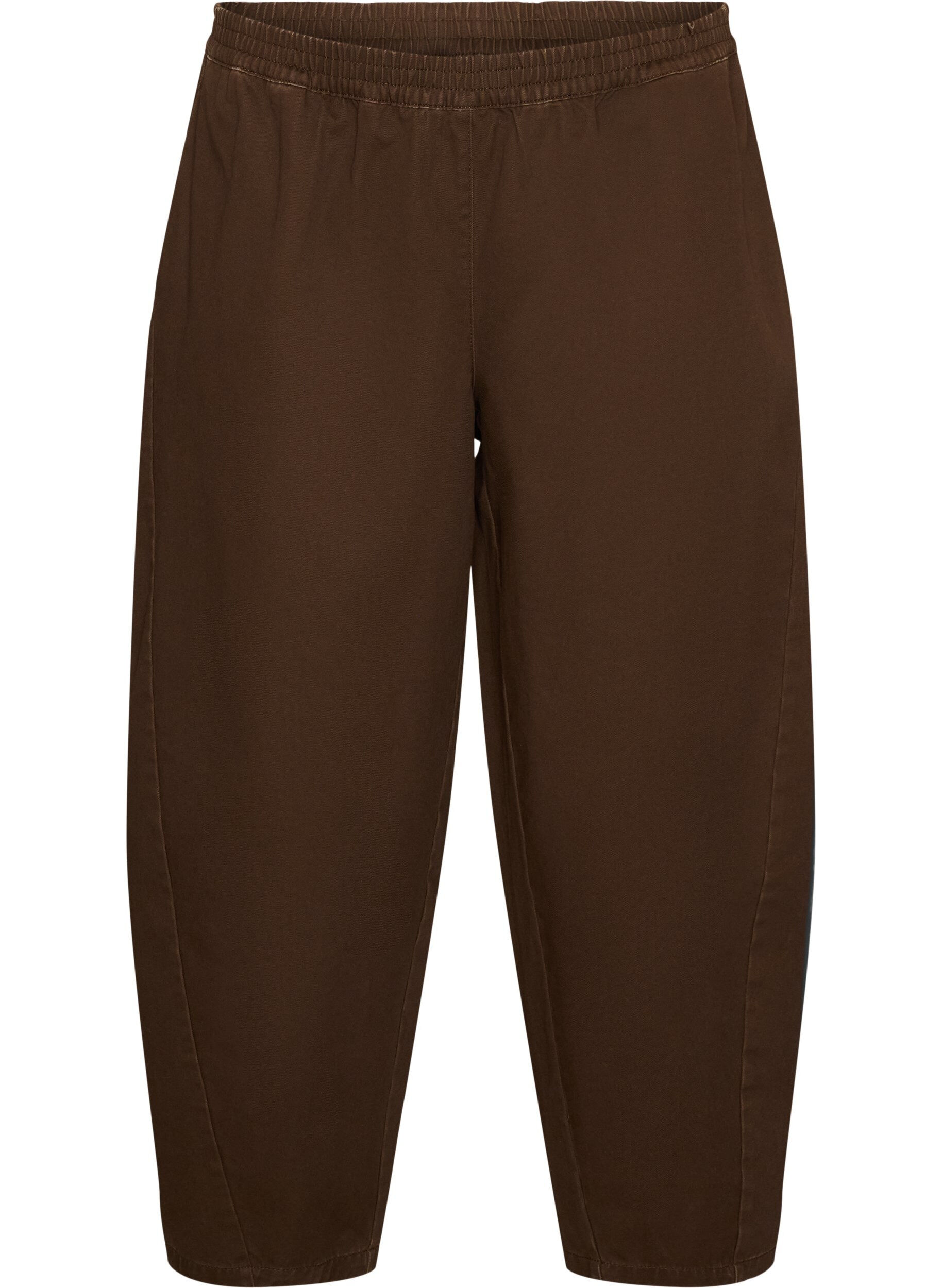 ZizziBarrel-jeans med h&oslash;y midje og elastisk linning, Brun, Packshot image number 0
