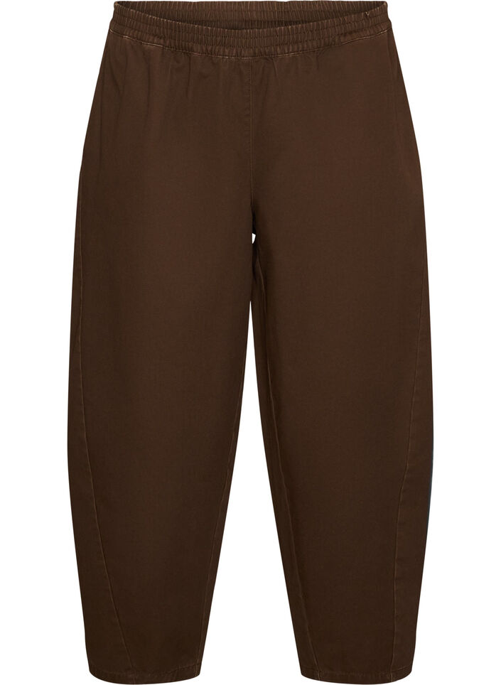 Barrel-jeans med h&oslash;y midje og elastisk linning, Brun, Packshot image number 0