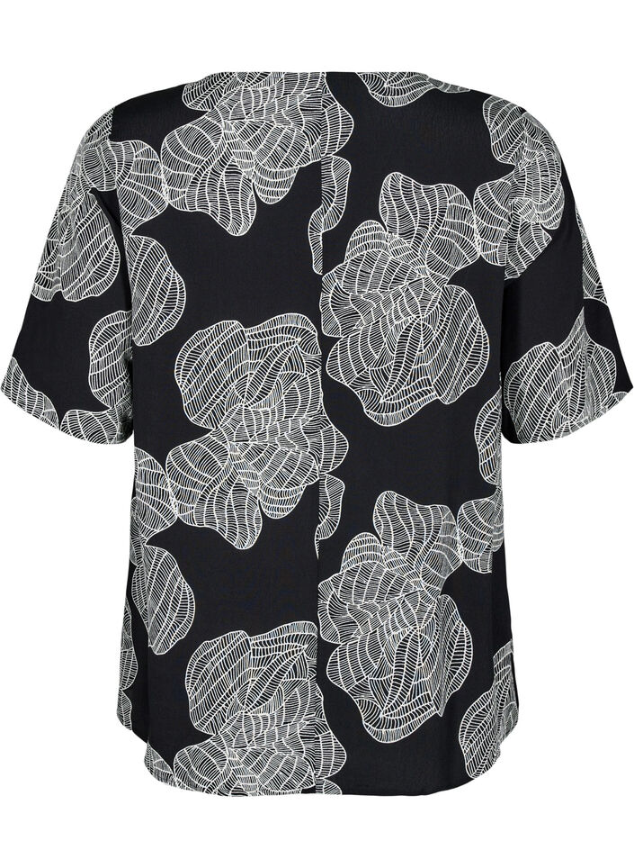 Short sleeve Viscose Bluse med utskrift, Svart, Packshot image number 1