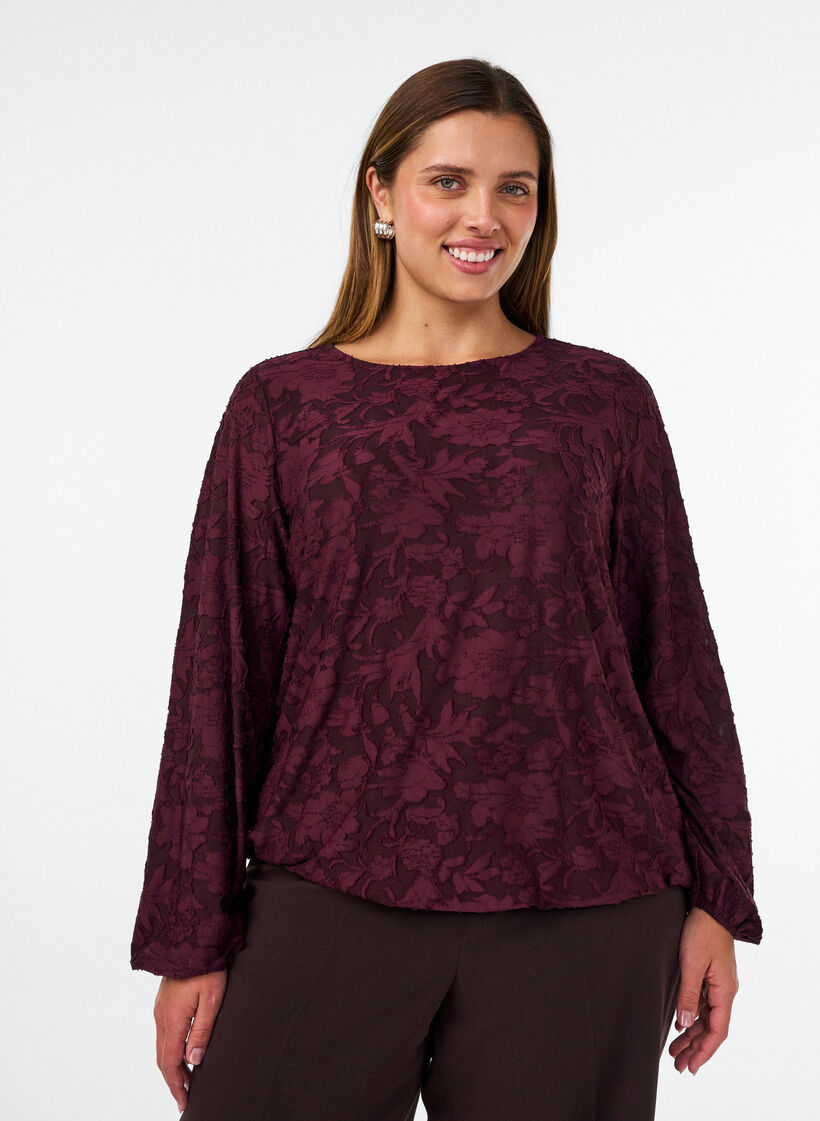 Gjennomsiktig bluse med blomstertekstur og lange ermer, R&oslash;d, Model image number 0