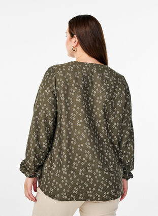 Zizzi Langermet bluse med mønster og knapper, Grønn, Model image number 2
