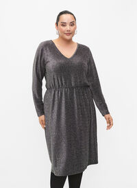 Glitterkjole med V-hals, Black Silver, Model