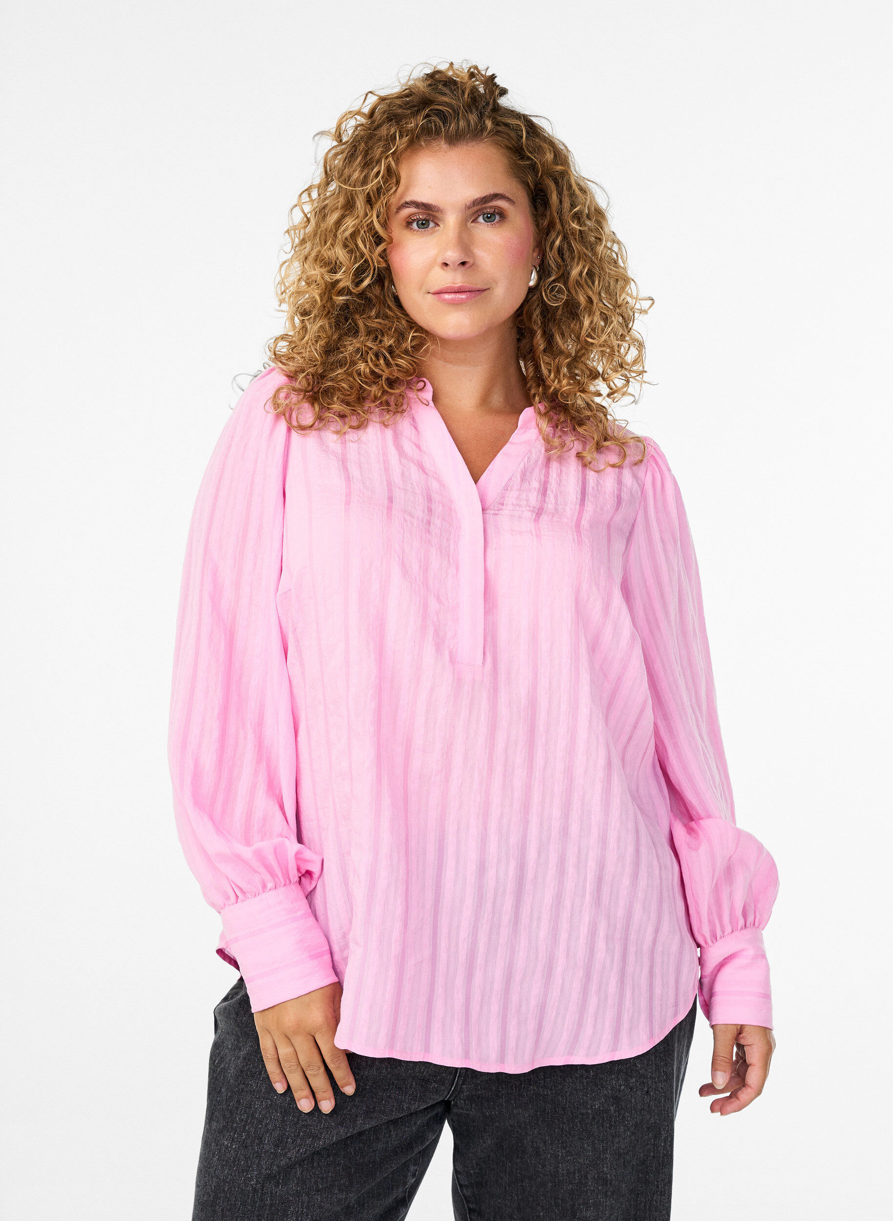 Bluse med vertikale striper, Rosa, Model