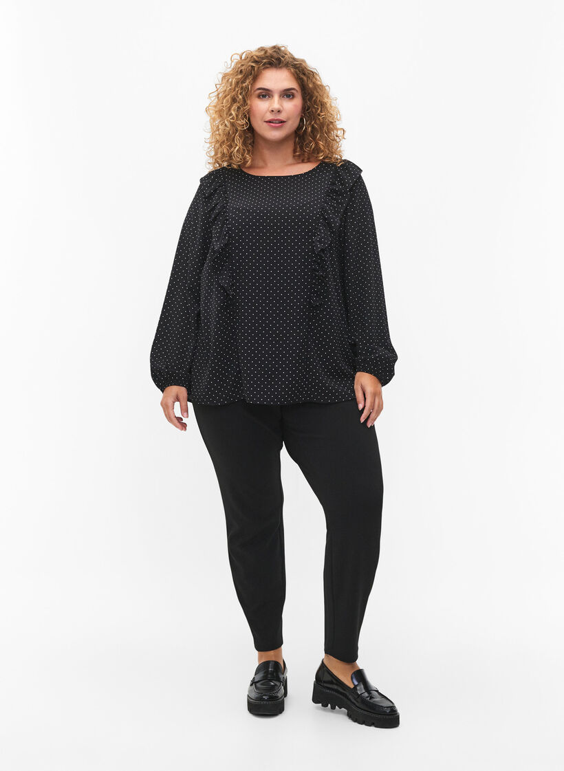 Bluse med lange ermer og volanger, Black Dot, Model image number 2