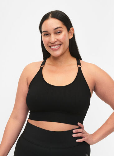 Sømløs sports-BH i ribbet materiale, Black, Model image number 0