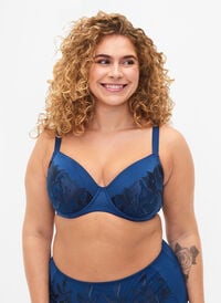 Vattert underwire BH med blonder, Blå Vattert underwire BH med blonder, Blå, Model
