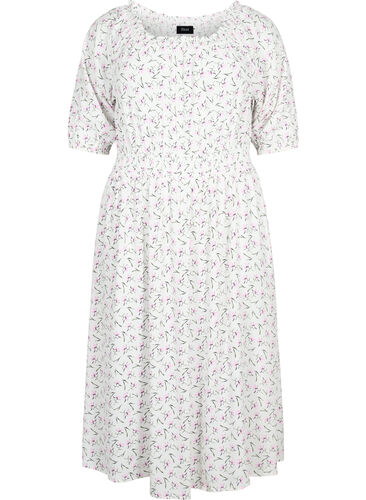 Blomstrete off-shoulder midi kjole i viskose, White Purple Flower, Packshot image number 0