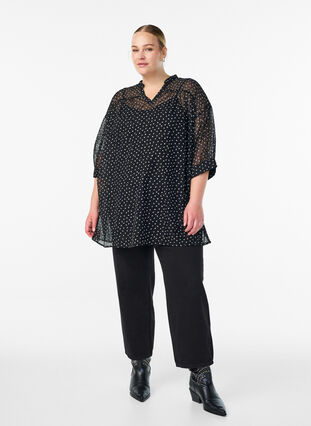 Zizzi Chiffontunika med fløyelsprikket mønster, Svart, Model image number 1