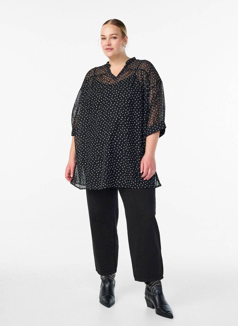 Chiffontunika med fløyelsprikket mønster, Svart, Model image number 1