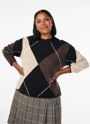 Zizzi Genser med store ruter og kontrasterende ermer, Svart, Model image number 0