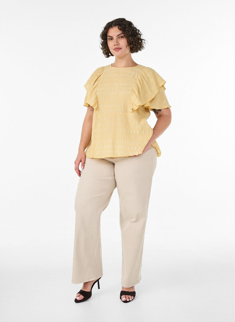 Bluse med smockstruktur og volangermer, Gul, Model image number 1