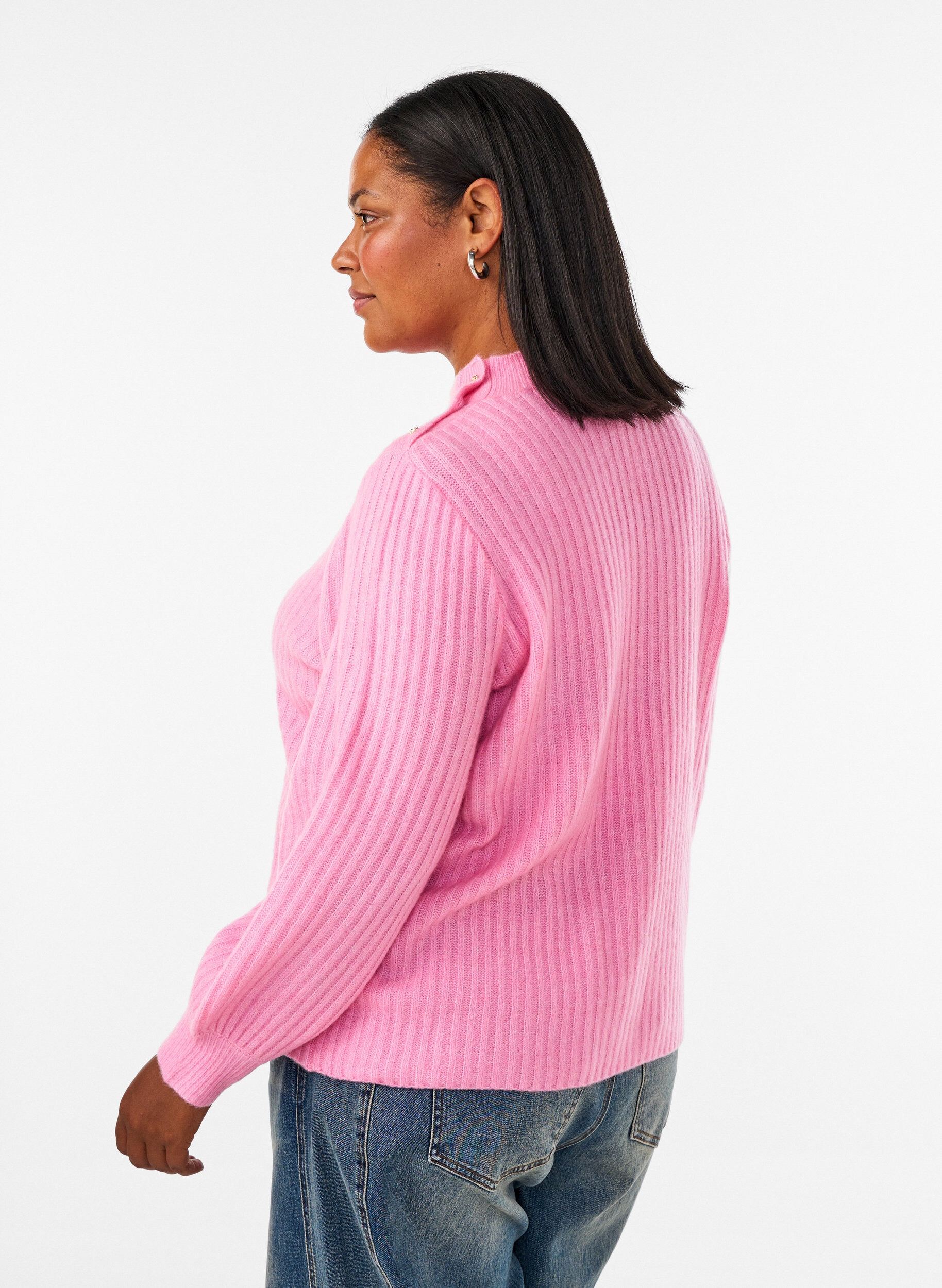 ZizziRibbestrikket genser med puffede ermer og knapper, Rosa, Model image number 2