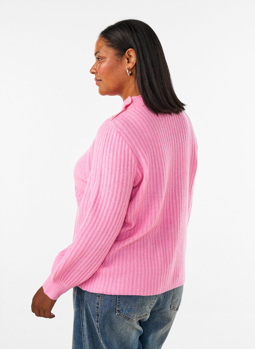 Ribbestrikket genser med puffede ermer og knapper, Rosa, Model image number 2