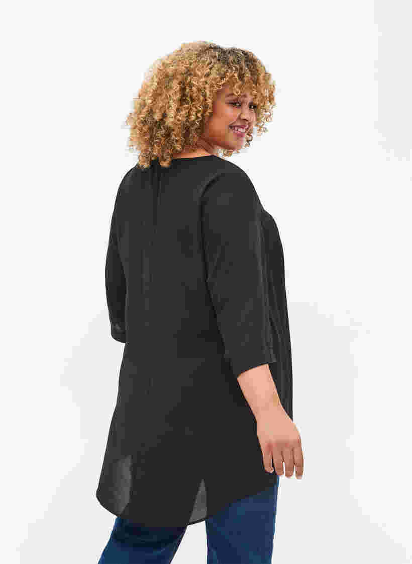 Bluse med 3/4-ermer og V-hals, Black, Model image number 1