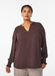 Bluse med smockmansjetter og V-hals, Brun, Model image number 0