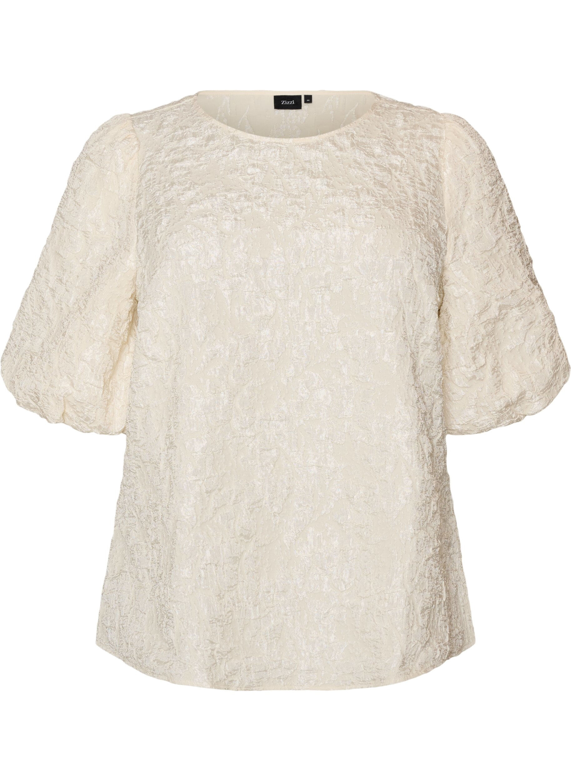 ZizziJacquard bluse med puffermer og A-linjeform, Vanilje, Packshot image number 0