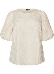 Jacquard bluse med puffermer og A-linjeform, Vanilje