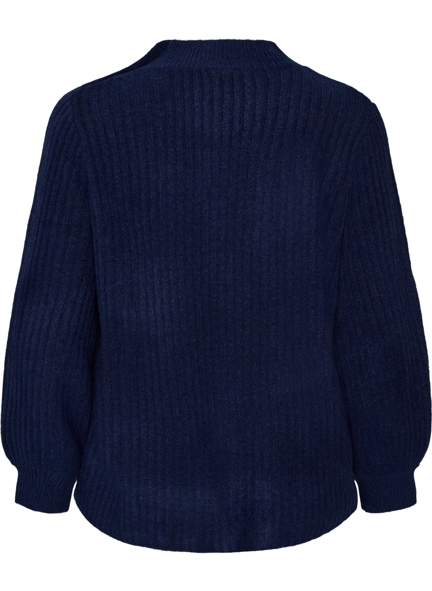 ZizziRibbestrikket genser med puffede ermer og knapper, Bl&aring;, Packshot image number 1