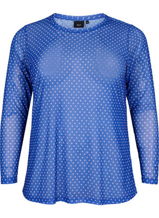 Mesh bluse med mønster, Classic Blue Dot, Packshot image number 0