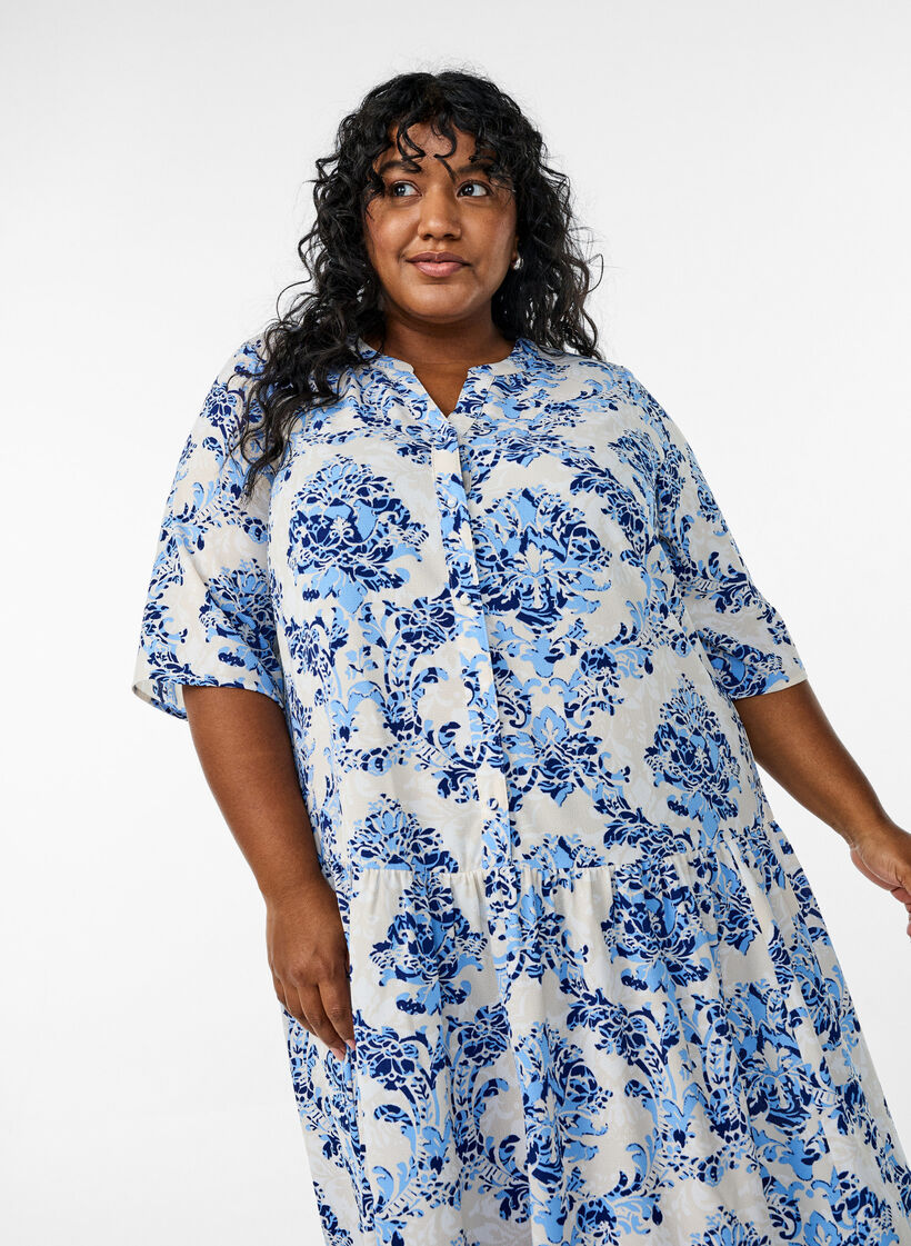 Midikjole i A-linje med korte ermer, Beige, Model image number 3