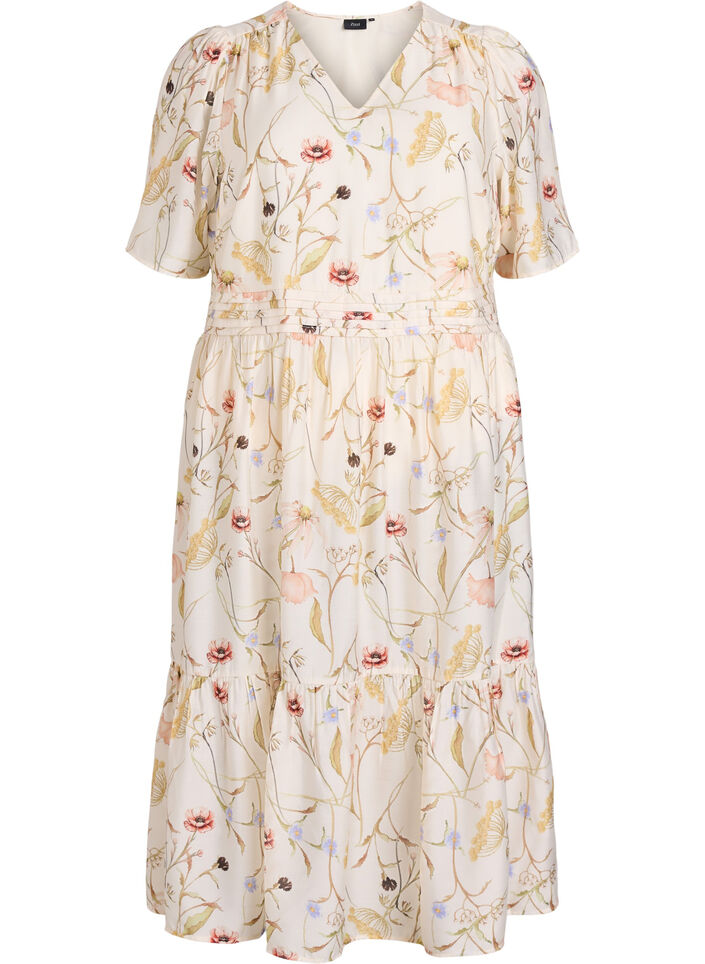 Blomstret midikjole med A-form, Beige, Packshot image number 0