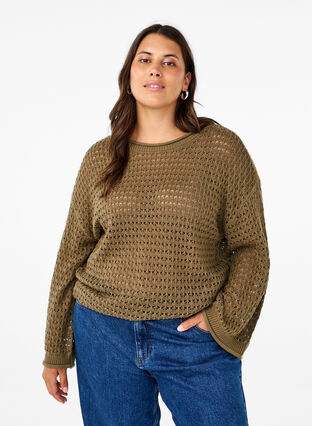 Zizzi Strikkebluse med hullmønster, Dusky Green, Model image number 0