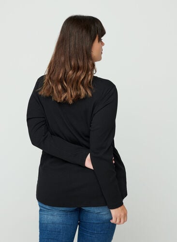 Langermet bluse i ribb med rund hals, Black, Model image number 1