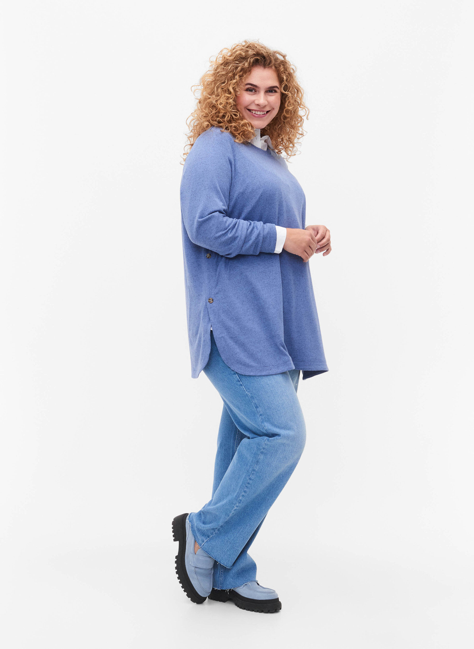 Zizzi Melert bluse med knapper, Colony Blue Melange, Model image number 2