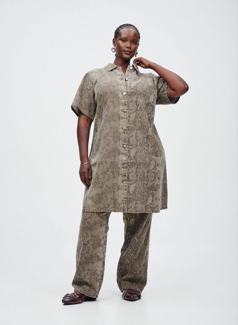 Kort denim skjortekjole med slangeprint, Light Snake AOP, Image