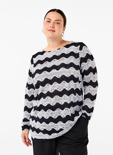Zizzi Strikket bluse med bølgemønster, Black Stripe, Model image number 0
