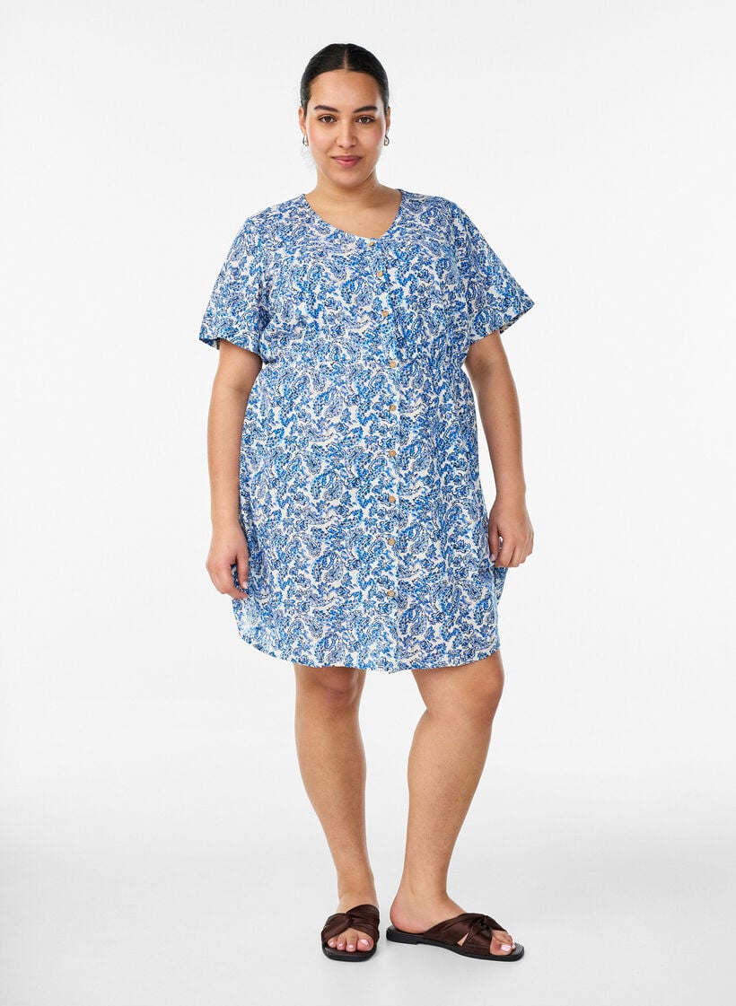 Kort bomullskjole med blomstertrykk, Bl&aring;, Model image number 1