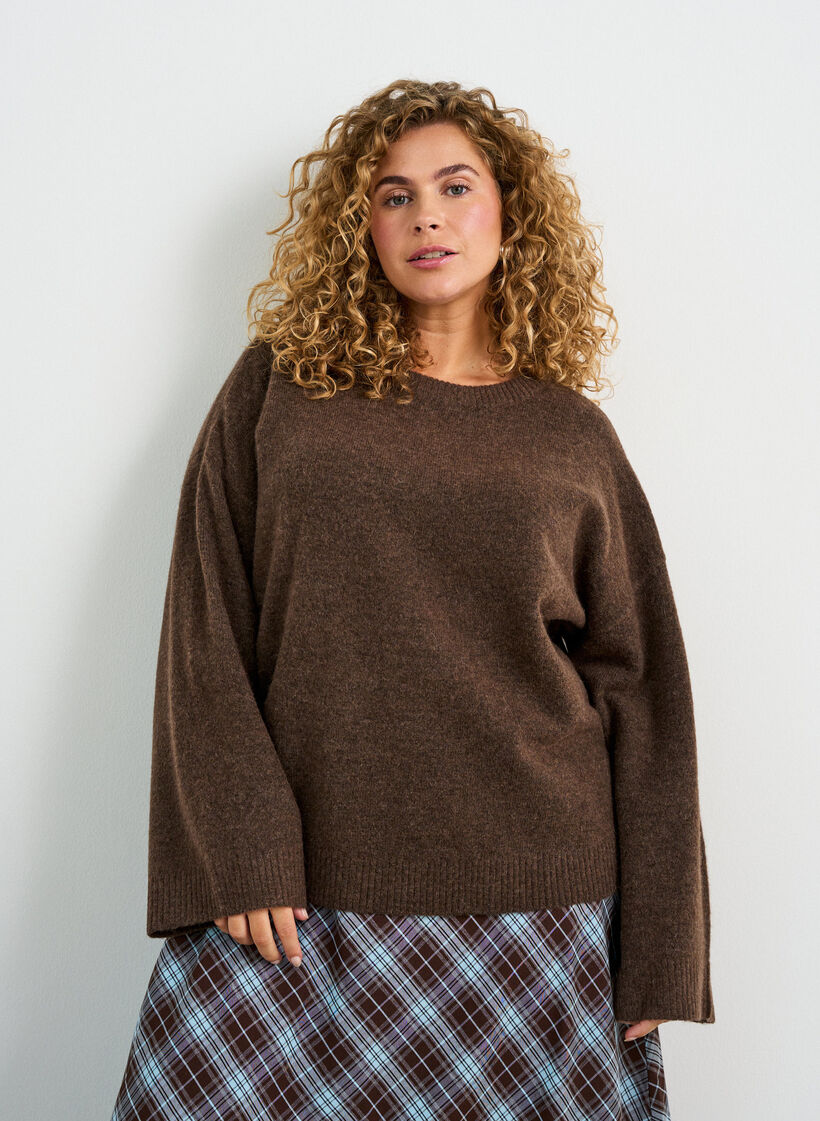 L&oslash;s strikkebluse med alpakka og ull, Brun, Model image number 0
