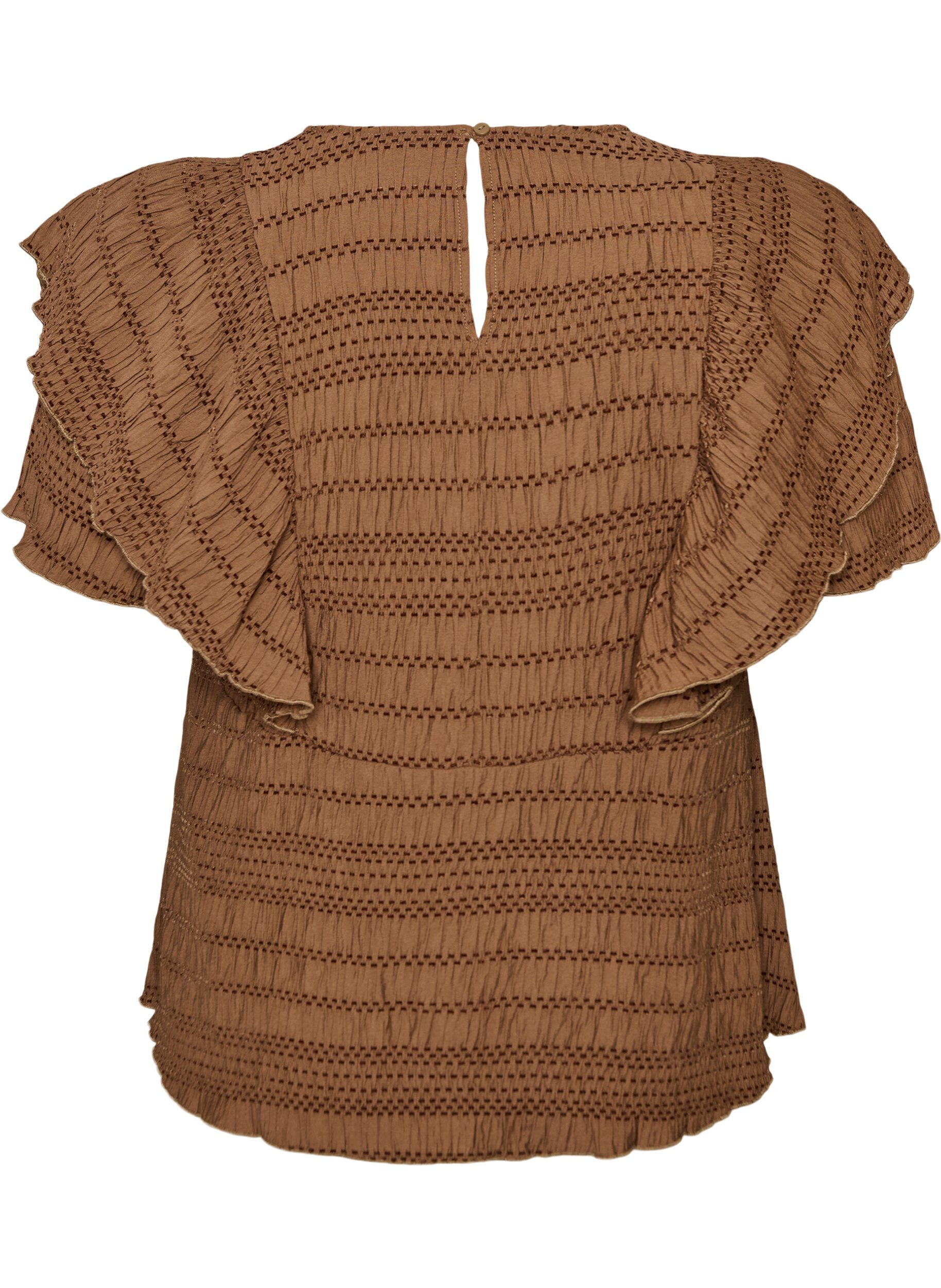 ZizziBluse med smockstruktur og volangermer, Brun, Packshot image number 1
