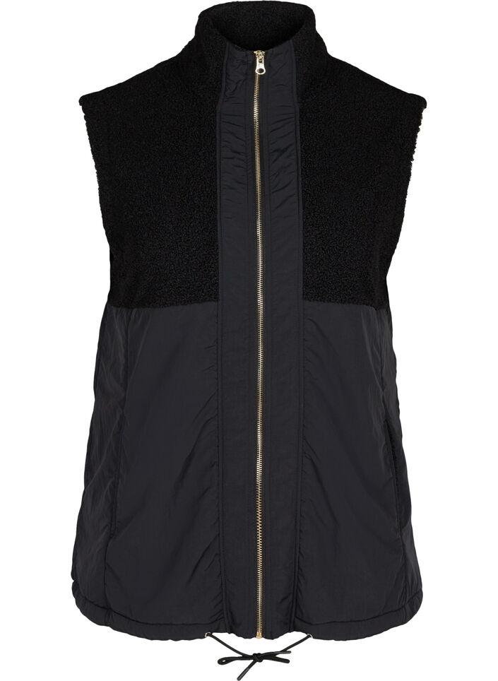 Kort vest med teddy og glidelås, Black, Packshot image number 0