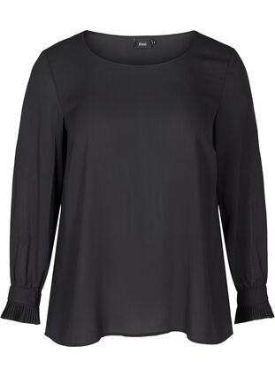 Langermet bluse med plissé, Black, Packshot image number 0