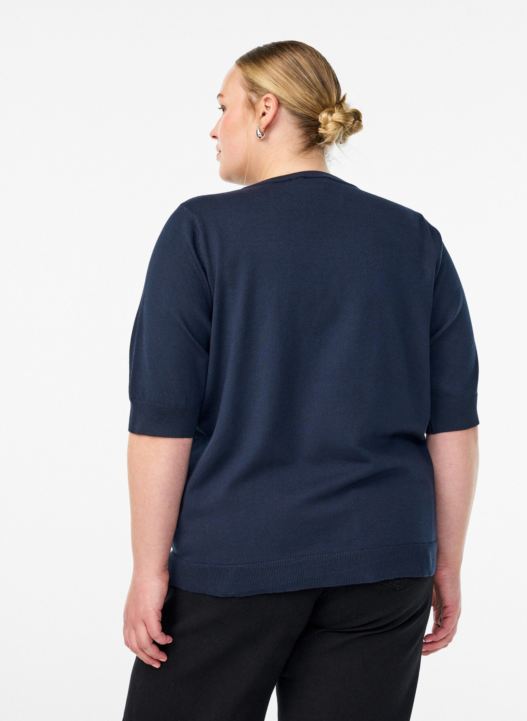 Zizzi FLASH - Finstrikket bluse med korte ermer, Bl&aring;, Model image number 2