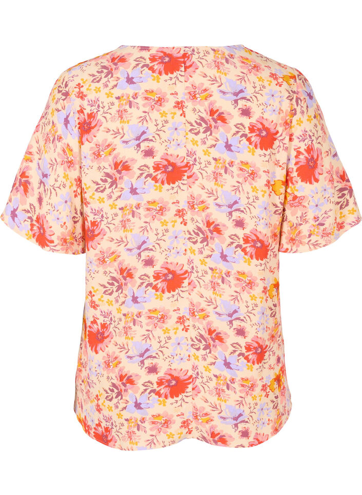 Kortermet viskosebluse med blomstermønster, Red Orange AOP, Packshot image number 1