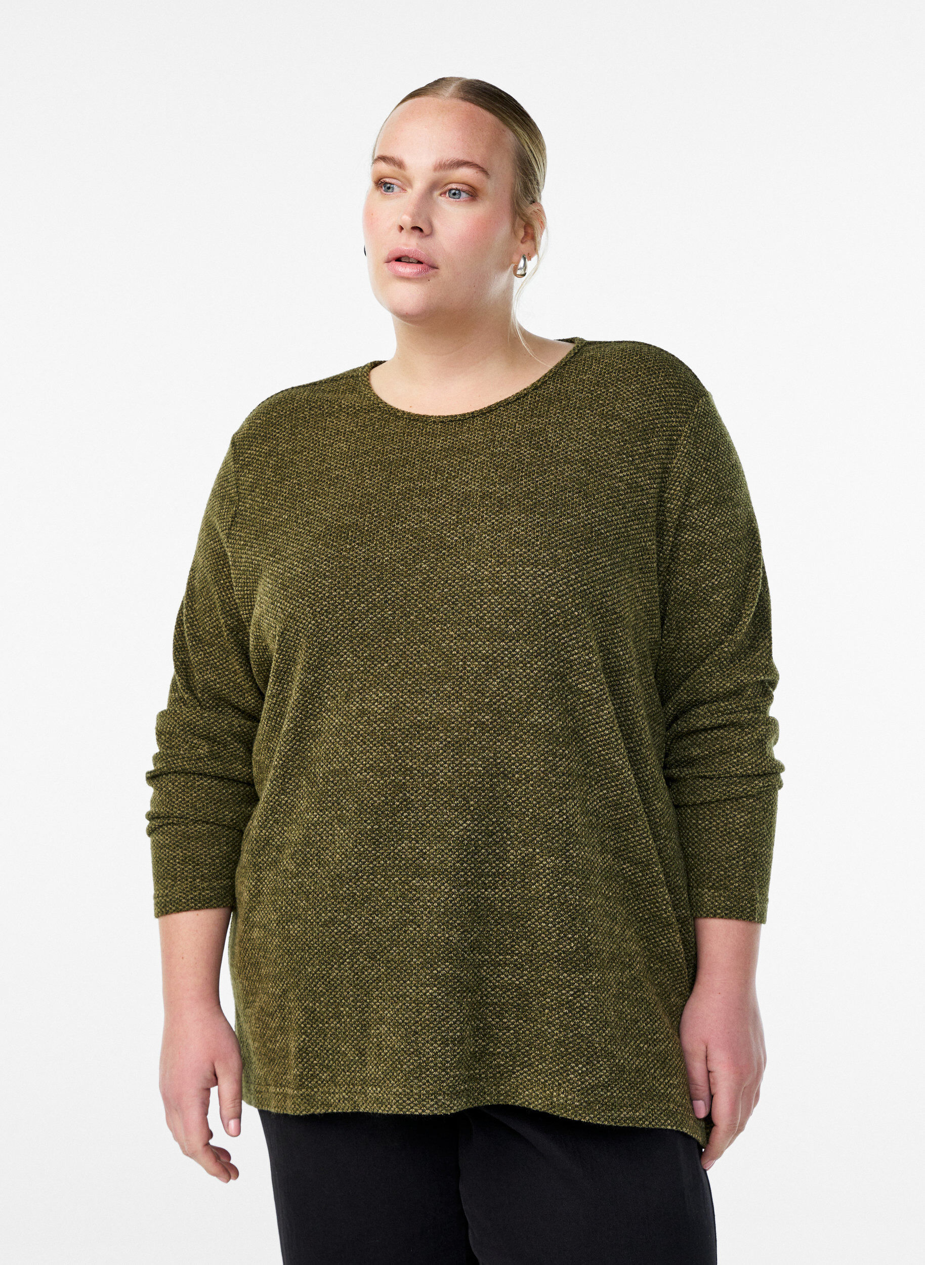 Langermet bluse med tekstur, Gr&oslash;nn, Model