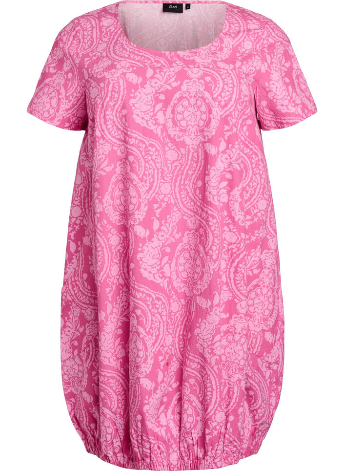 Kortermet bomullskjole med trykt m&oslash;nster, Rosa, Packshot image number 0