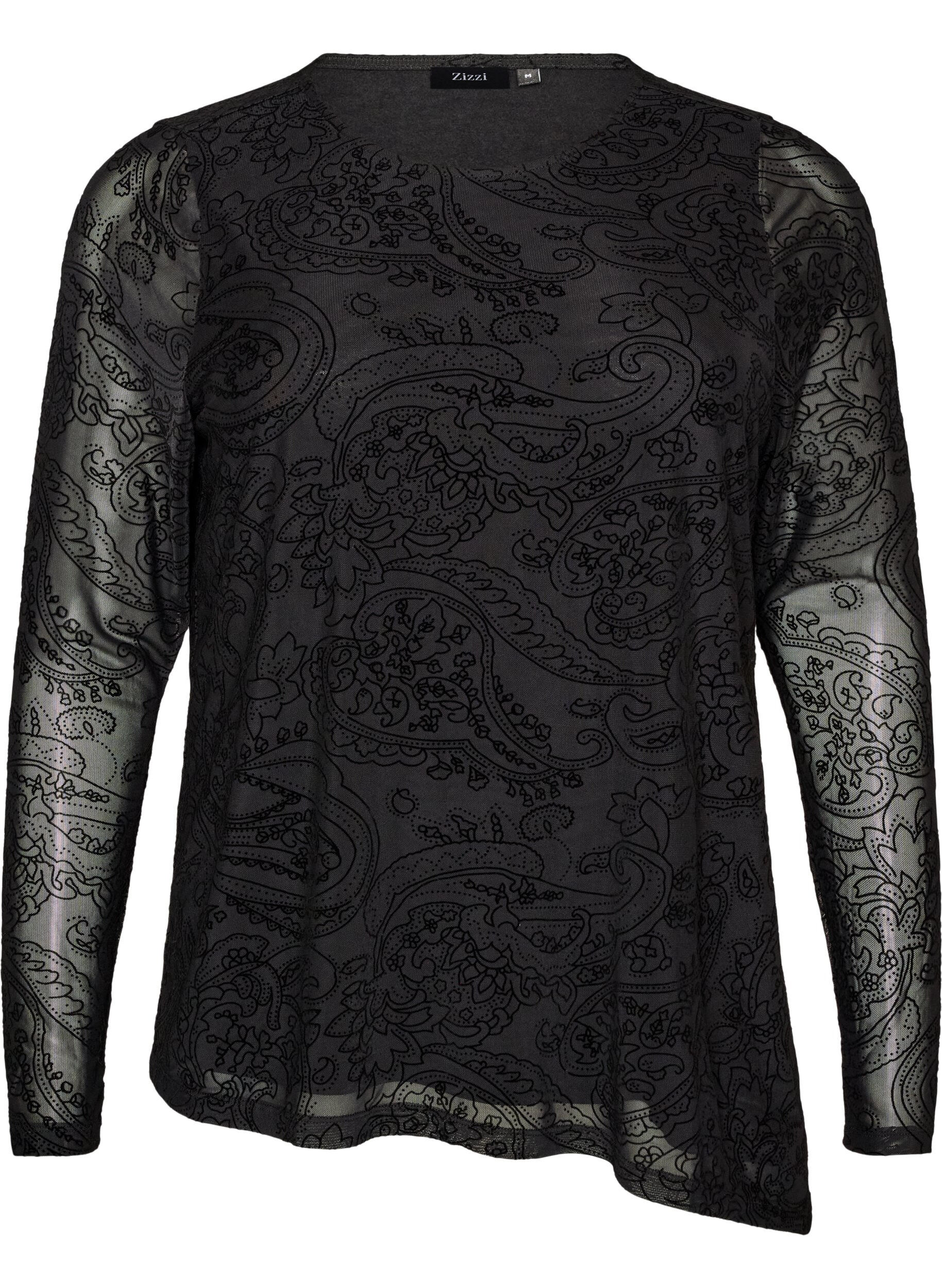 ZizziMeshbluse med paisleytrykk og asymmetrisk kant, Svart, Packshot image number 0
