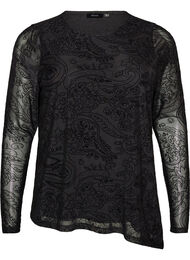 Meshbluse med paisleytrykk og asymmetrisk kant, Svart