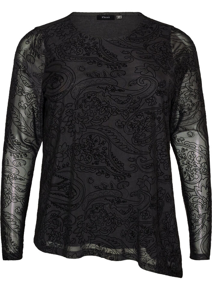 Meshbluse med paisleytrykk og asymmetrisk kant, Svart, Packshot image number 0