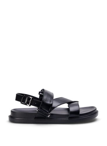 Sandal i skinn med bred passform og justerbare remmer, Black, Packshot image number 0