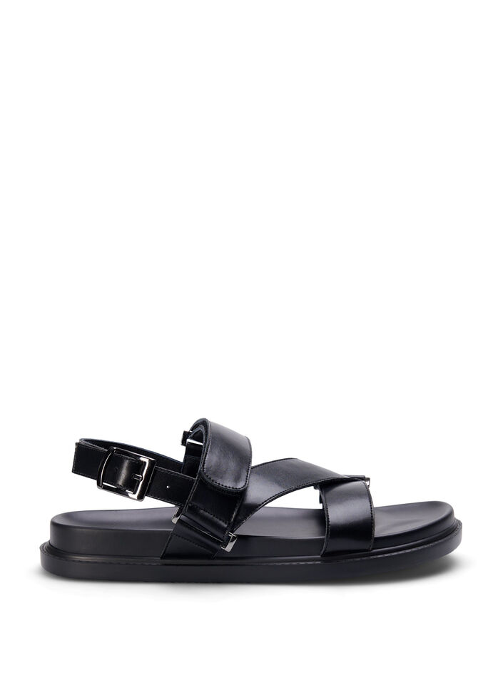 Sandal i skinn med bred passform og justerbare remmer, Svart, Packshot image number 0