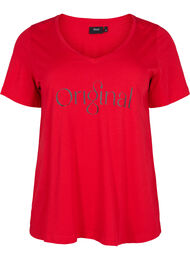 T-skjorte i bomull med trykk og V-hals, Tango Red ORI