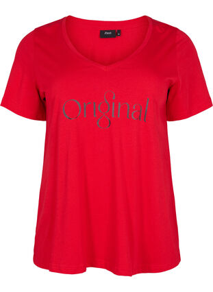 T-skjorte i bomull med trykk og V-hals, Tango Red ORI, Packshot image number 0