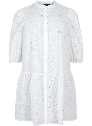 Skjortekjole i bomull med engelsk broderi, Bright White, Packshot image number 0